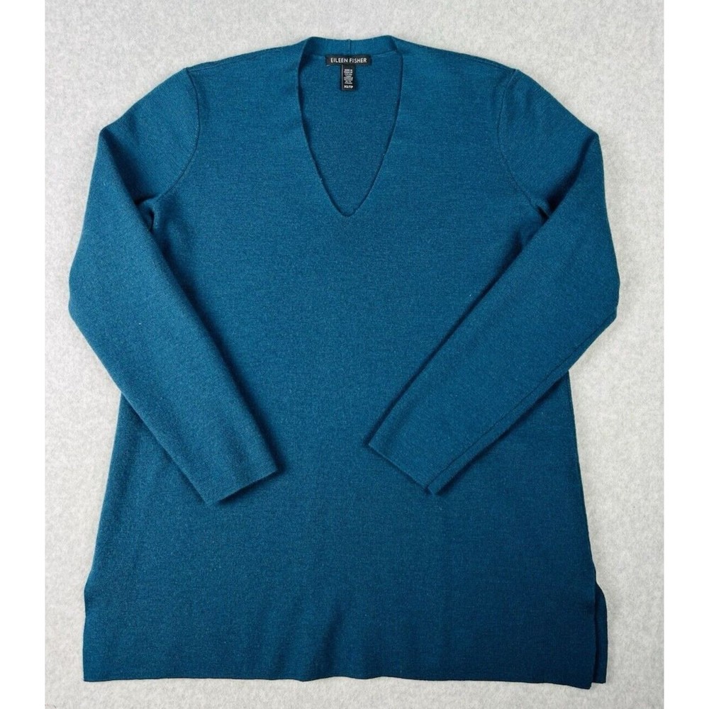 Eileen Fisher Tunic Sweater Womens XS Teal Italian Yarn V Neck Knit Pullover - Picture 3 of 14
